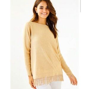 Lilly Pulitzer Glenda Fringed Coolmax Sweater in Heathered Sandbar Size Medium